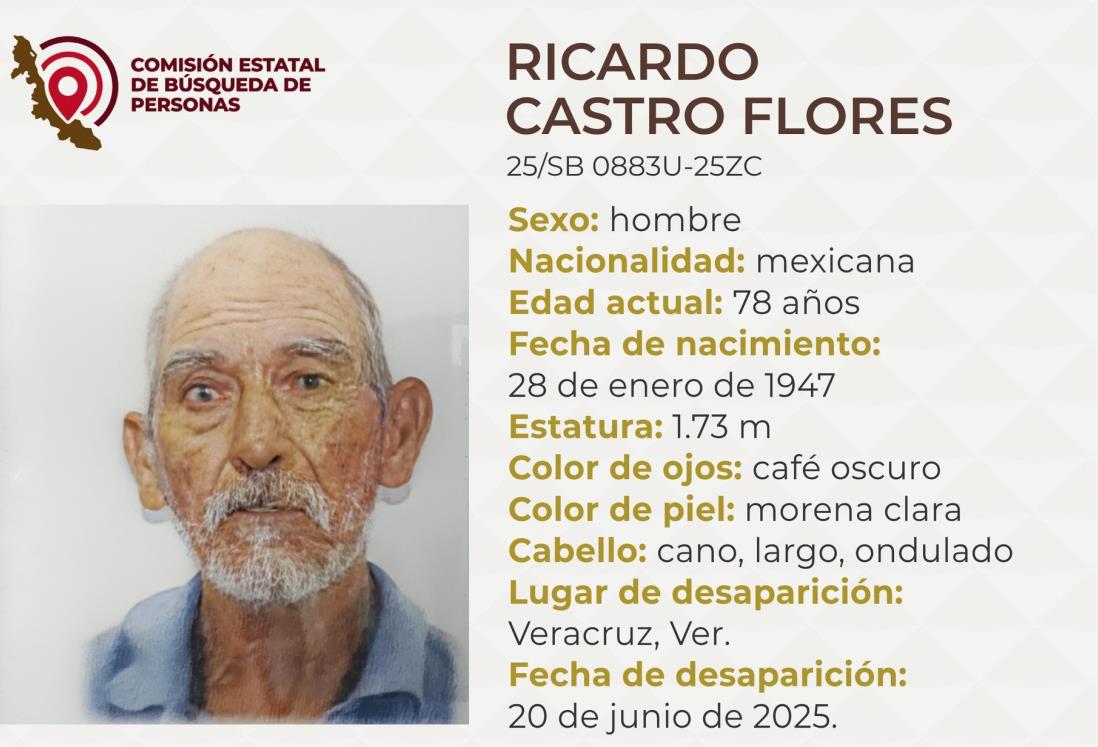 Buscan a Ricardo Castro Flores, tiene 78 años y desapareció en la ciudad de Veracruz