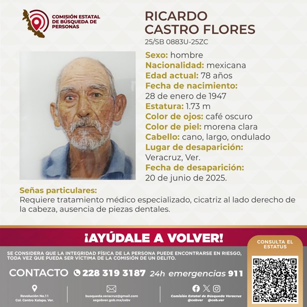 Buscan a Ricardo Castro Flores, tiene 78 años y desapareció en la ciudad de Veracruz
