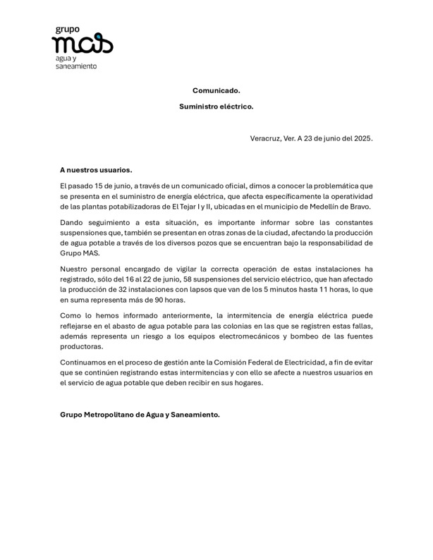 Grupo MAS da seguimiento a falta de energía eléctrica que afecta plantas potabilizadoras de Veracruz