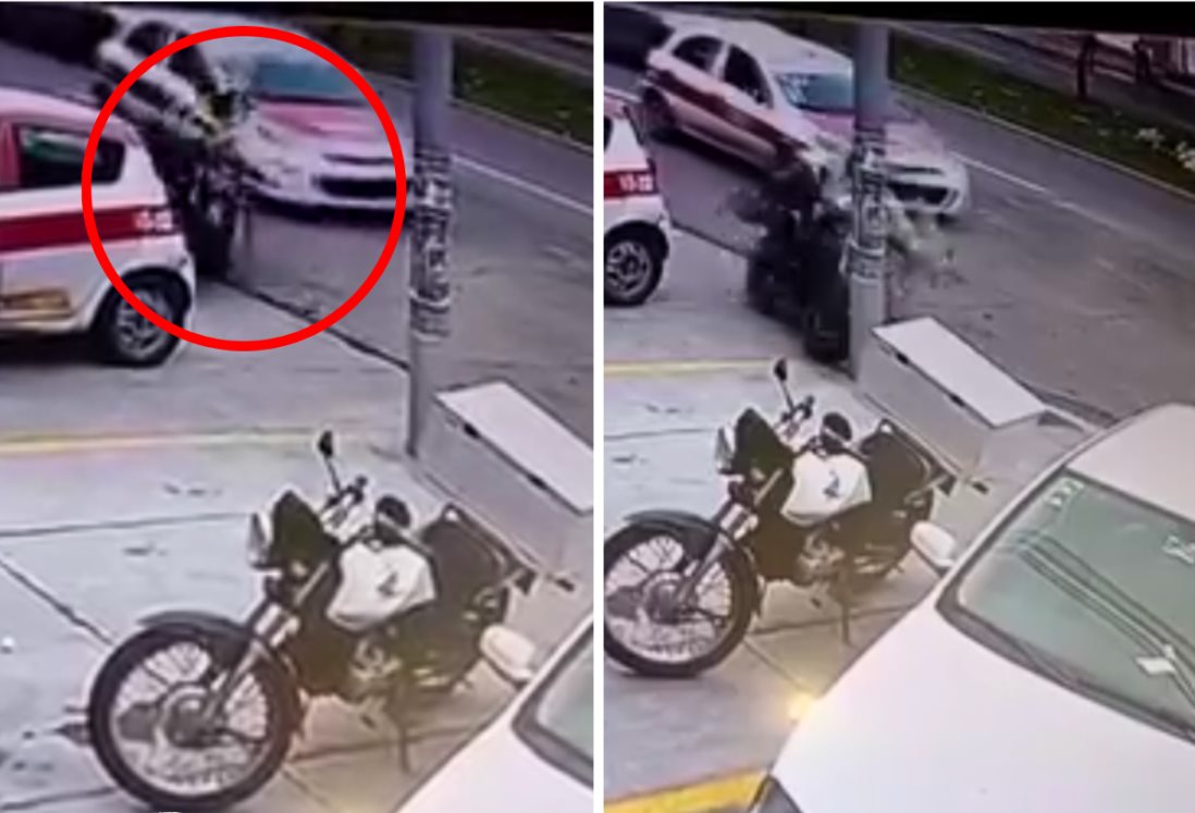 Agente de Tránsito en Veracruz impacta contra luminaria tras maniobra de taxi | VIDEO
