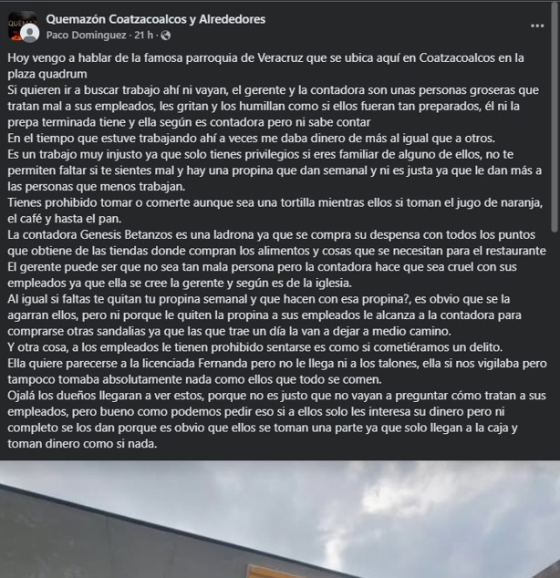Ex trabajador expone malos tratos de parte de encargados de conocida Cafetería de Coatzacoalcos Ex trabajador expone malos tratos de parte de encargados de conocida Cafetería de Coatzacoalcos